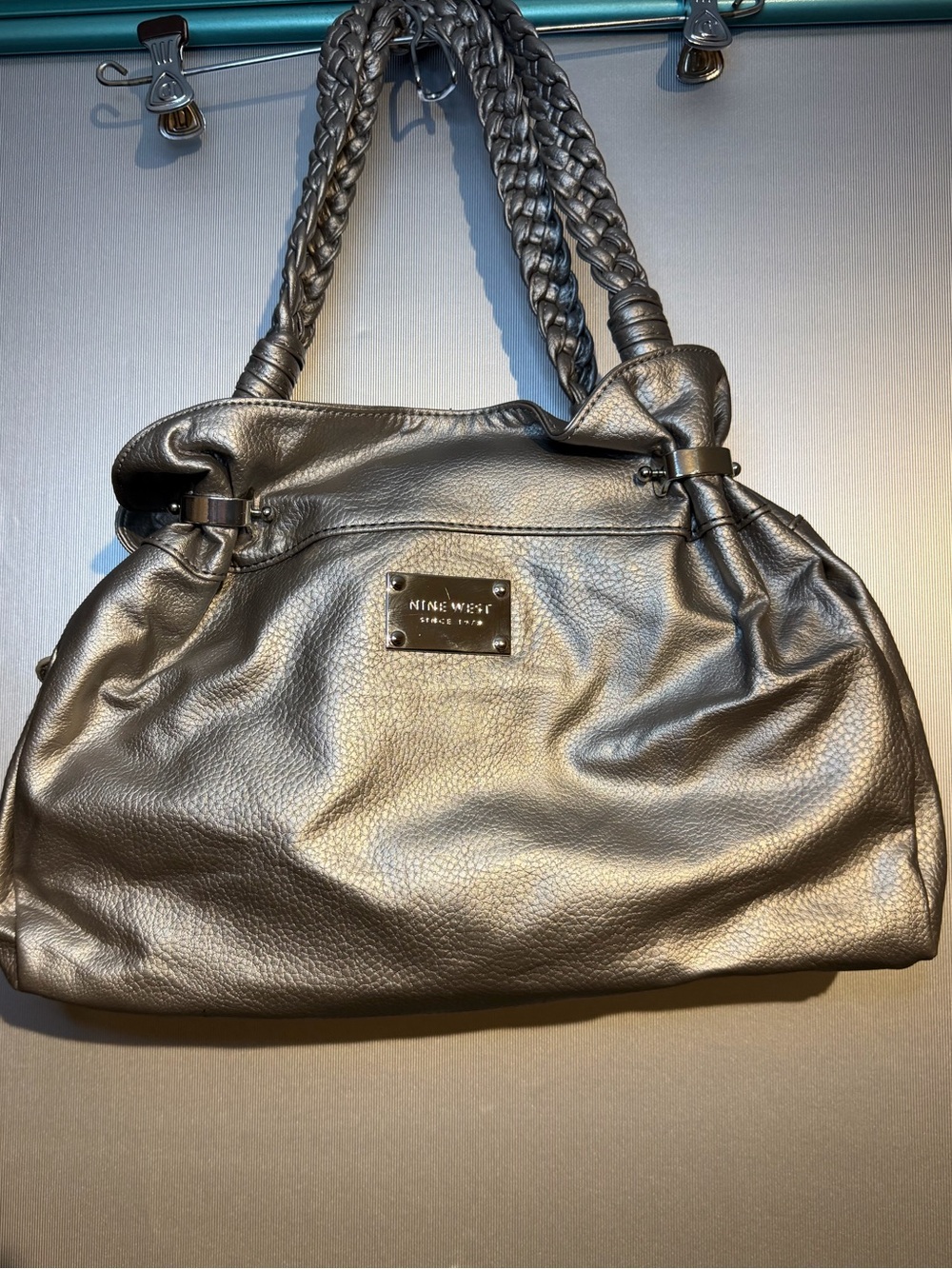 Nine West Metallic Pewter Braided-Handle Shoulder Bag
